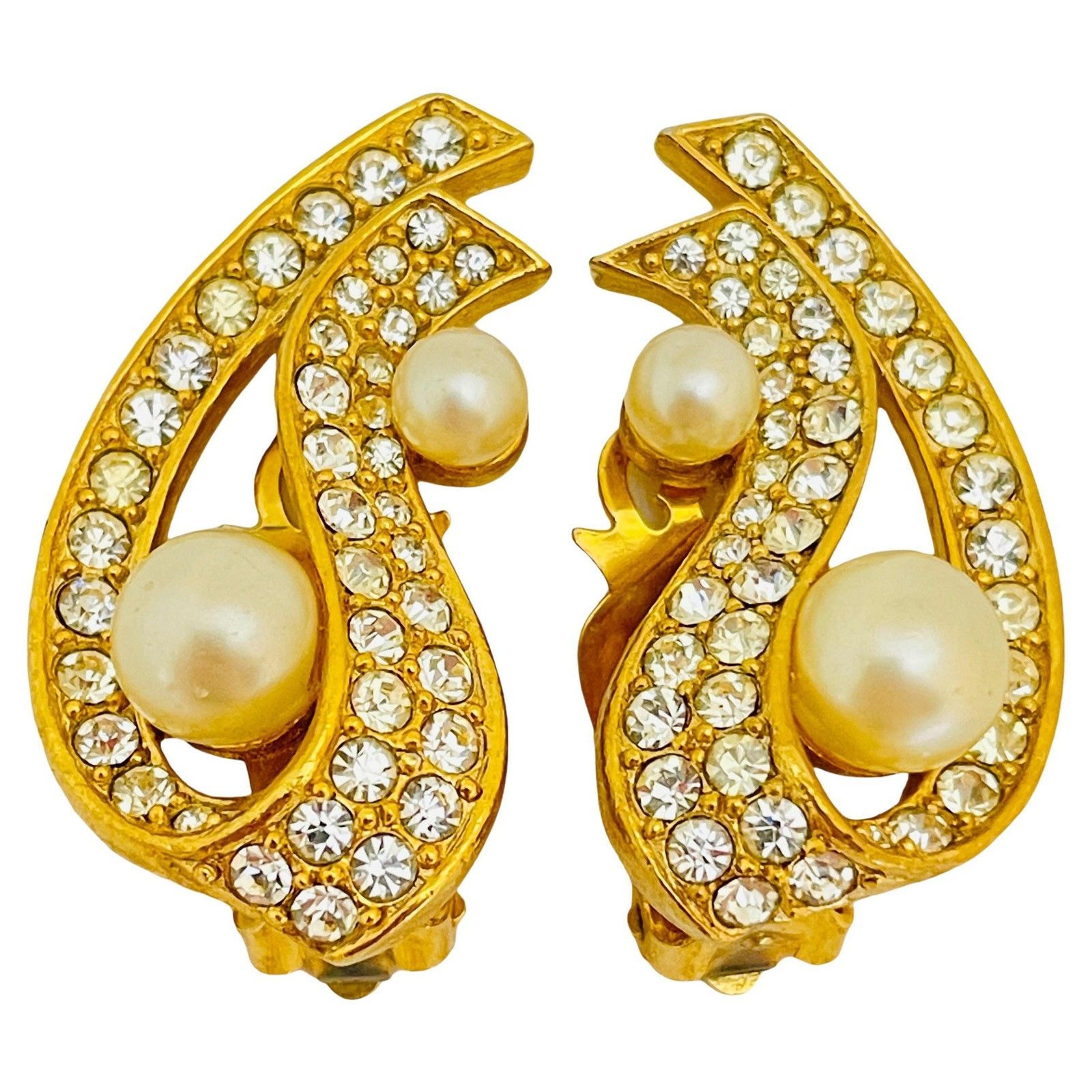 Vintage Gold Rhinestones Pearls Designer Runway Clip On Earrings